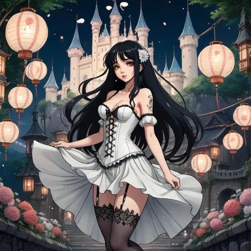 Prompt: 2d studio ghibli anime style,full body view,beautiful woman,dancing,long black hair,hair ribbon.goth makeup,tattooes, wearing white corset-dress,fantasy castle,flowers,lanterns,sparkling, showing bum. anime scene