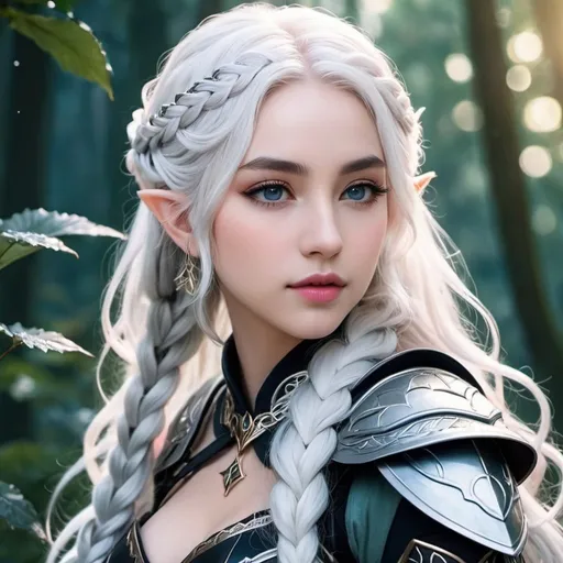 Prompt: anime, open wavy hair, white hair, icy eyes, braids, elf woman in elven armour, cute aesthetic, dark eyeliner, tinted rosy lips, moonlit enchanted forest