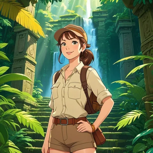 Prompt: 2d studio ghibli anime style, female adventurer indiana jones look,brown hair,ponytail,proud and confident, standing at the stairs of an ancient jungle temple, colorful, happy and cheerful, vibrant, detailed hair and outfit, high quality, anime, colorful, cheerful, indoor setting, detailed character design, professional, atmospheric lighting