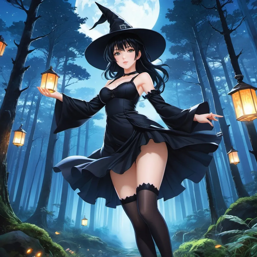 Prompt: 90's anime illustration low-angle; panoramic, zoomed out, full body view of a beautiful Anime illustration beautiful witch girl wearing black dress, black stockings, black hair, pale skin, casting a spell,dark creepy forest setting,night full moln,all rendered with (ultra-detailed realism) that emphasizes the (cool tone) of the composition,Anime Key Visual, Japanese Manga, Pixiv, Zerochan, Anime art