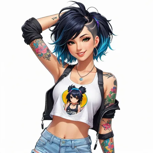 Prompt: Anime illustration cute punk woman,black hair,dark eyeliner,full body tattooes,cute pose, colorful, happy and cheerful, vibrant, detailed hair and outfit, high quality, anime, colorful, cheerful, detailed character design, professional, linux,archlinux crop-top,atmospheric lighting, white background