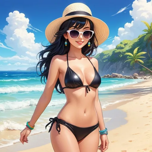 Prompt: Anime illustration cute punk woman,black hair,large sunglasses,sunhat,swimwear,dark eyeliner, standing on beautiful sunny beach,cute pose,outdoor, colorful, happy and cheerful, vibrant, detailed hair and outfit, high quality, anime, colorful, cheerful, indoor setting, detailed character design, professional, atmospheric lighting