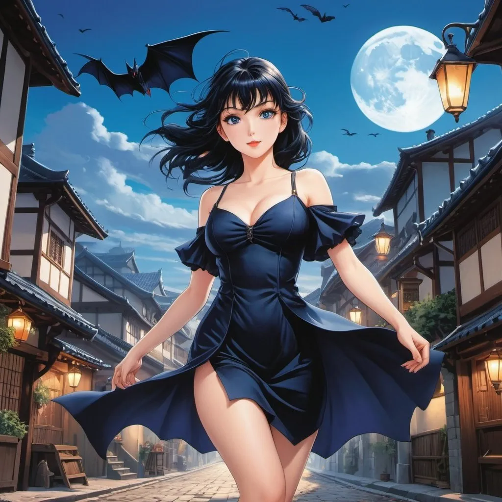 Prompt: 90's anime illustration low-angle; panoramic, zoomed out, full body view beautiful vampire girl flying down street looking for prey,fangs, black hair, vampire fangs showing, pale skin, blue eyes, black elegant dress,dark creepy medieval european village,night full moln,all rendered with (ultra-detailed realism) that emphasizes the (cool tone) of the composition,Anime Key Visual, Japanese Manga, Pixiv, Zerochan, Anime art