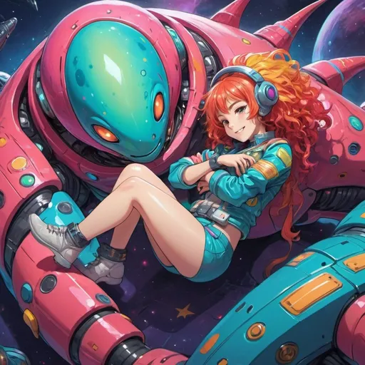 Prompt: Top down view from above Anime illustration one female wearing futuristic clothes,laying down embraced on top of a large colorful alien female monster,colorful, looking happy and cheerful, vibrant, detailed hair and outfit, high quality, anime, colorful, cheerful, spaceship setting, detailed character design, professional, atmospheric lighting