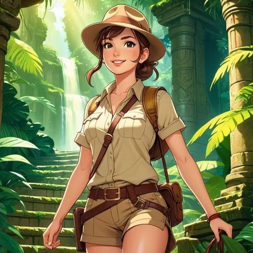 Prompt: full body view Anime illustration one female adventurer indiana jones look,brown hair,ponytail,proud and confident, standing at the stairs of an ancient jungle temple, colorful, happy and cheerful, vibrant, detailed hair and outfit, high quality, anime, colorful, cheerful, indoor setting, detailed character design, professional, atmospheric lighting
