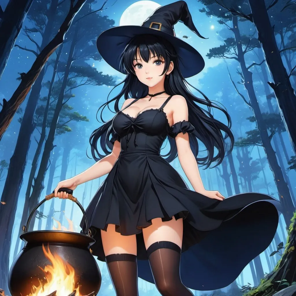 Prompt: 90's anime illustration low-angle; panoramic, zoomed out, full body view of a beautiful Anime illustration beautiful witch girl wearing black dress, black stockings, black hair, pale skin,  stiring a big cauldron,dark creepy forest setting,night full moln,all rendered with (ultra-detailed realism) that emphasizes the (cool tone) of the composition,Anime Key Visual, Japanese Manga, Pixiv, Zerochan, Anime art