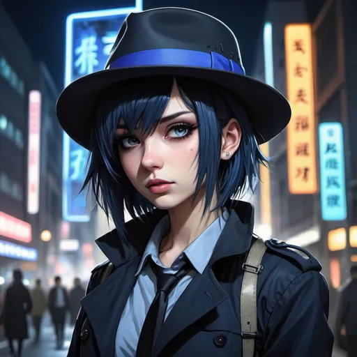Prompt: Anime illustration of beautiful emo,goth woman wearing a blue fedora tipping her hat and winks,trenchcoat,shirt,tie,detailed,black hair,pale skin,dark metalhead makeup,short haircut, mohawk,half mohawk,detailed eyes,focused gaze, tokyo night setting,neon lights,street view,dark colors,best quality, highres, ultra-detailed, anime, cool tones, detailed hair, futuristic, professional, atmospheric lighting