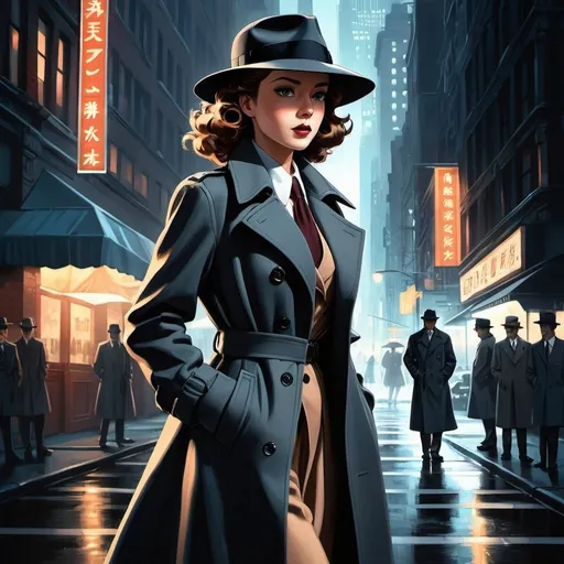 Prompt: Anime illustration 1940s Female detective,fedora,trenchcoat,standing in new york street,film noir, dark colors,best quality, highres, ultra-detailed, anime, cool tones, detailed hair, futuristic, professional, atmospheric lighting