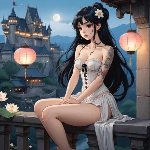 Prompt: 2d studio ghibli anime style,full body view,beautiful woman,sitting on balcony railing,lotus position,bare feet,long black hair,hair ribbon,goth makeup,tattooes, wearing white corset-dress,fantasy castle,cute pose,flowers,lanterns,sparkling, showing bum. anime scene