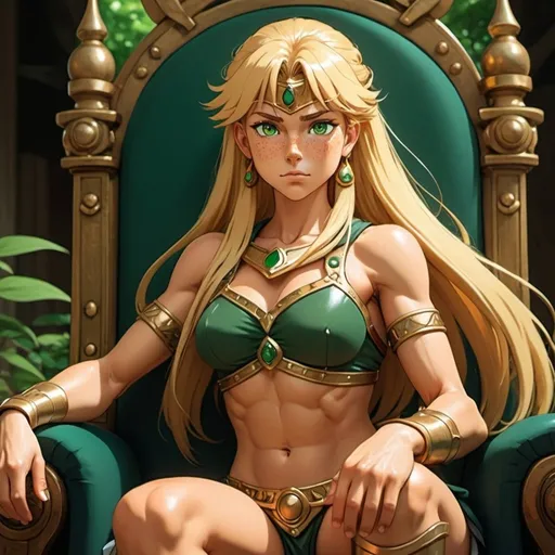 Prompt: 2d studio ghibli anime style,strong female amazon warrior princess, smug countenance, long gold blonde hair, deeply tan, sunburnt skin with freckles, shimmering green eyes, tall, muscular physique, sitting on her throne,anime scene