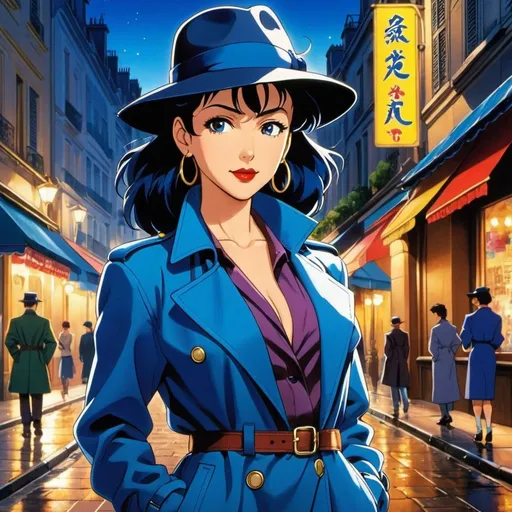 Prompt: 90's anime illustration of detective woman standing in parisian street night,wearing a blue fedora and trenchcoat,unbuttoned shirt,cleavage,dark short hair,dark lipstick,dark eyeshadow,happy and cheerful, vibrant, detailed hair and outfit, high quality, anime, colorful, cheerful, indoor setting, detailed character design, professional, atmospheric lighting, anime art style, tenchi muyo anime,