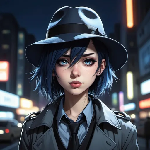 Prompt: Anime illustration of beautiful emo,goth woman wearing a blue fedora tipping her hat and winks,trenchcoat,shirt,tie,detailed,black hair,pale skin,dark metalhead makeup,short haircut, mohawk,half mohawk,detailed eyes,focused gaze, tokyo night setting,neon lights,street view,dark colors,best quality, highres, ultra-detailed, anime, cool tones, detailed hair, futuristic, professional, atmospheric lighting