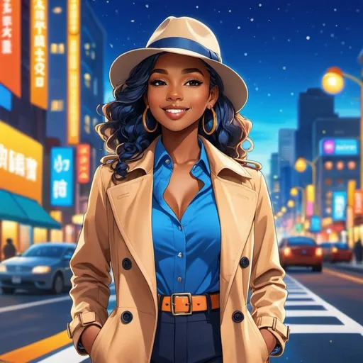 Prompt: Anime illustration of a young, attractive black woman,wearing s blue fedora,matching trenchcoat, brightly lit road, colorful city lights, happy and cheerful, vibrant, detailed hair and outfit, high quality, anime, colorful, cheerful, urban setting, detailed character design, professional, atmospheric lighting