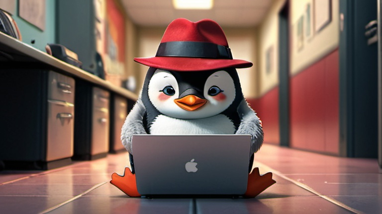 Prompt: a penguin wearing a red fedora hat sitting on the floor typing on a laptop,linux,perfect composition, hyperrealistic,best quality, highres, ultra-detailed, anime, cool tones, detailed hair, professional, atmospheric lighting