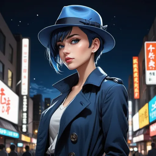 Prompt: An (((Anime illustration))) (((full body shot))) from a low angle featuring a (((beautiful woman))), clad in a sophisticated ((blue fedora hat)), (((tailored trenchcoat))), pair of ((matching pants)), all framed against a backdrop of Tokyo's (((night sky))) with its vibrant neon lights and street view, giving off a (professional yet atmospheric) ambiance. The woman exudes a (shy smile) and a focused gaze, with intricate details that draw attention to her (anime-inspired, short haircut mohawk) and half mohawk, complemented by striking, detailed eyes that convey a sense of sophistication and composure