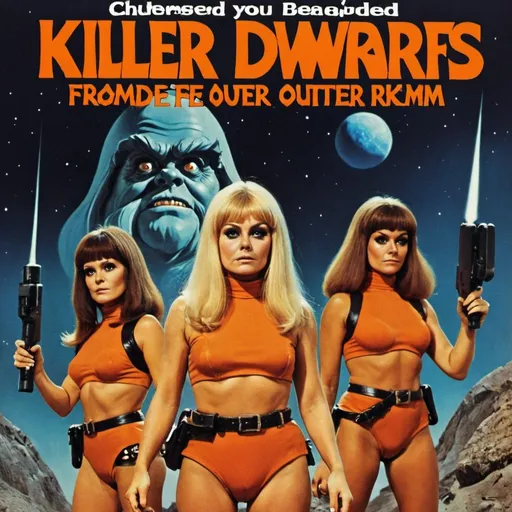 Prompt: Movie poster of 1970s movie called killer Female dwarfs from beyond the outer rim 