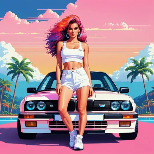Prompt: pixelart illustration in pixelart style of a sleek white bmw e30 with a gorgeous woman on top of it. She wears a white crop-top and and white jeans shorts, long flowing multicolored hair.vibrant and colorful,retro,16bit,synthwave,retrowave