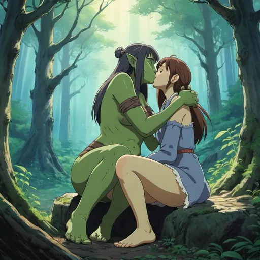 Prompt: 2d studio ghibli anime style,full body shot of strong orc female and smaller human female embracing sharing passionate kiss with human girl,sitting down in enchanted forest