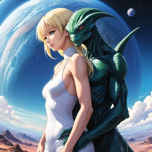 Prompt: 90's anime illustration low-angle; panoramic, zoomed out, full body view of tall alien female reptilian alien carrying a beautiful blonde human woman in her arms,intertwined, intermixing into a single body they look at eachother,dark creepy alien planet setting, all rendered with (ultra-detailed realism) that emphasizes the (cool tone) of the composition,Anime Key Visual, Japanese Manga, Pixiv, Zerochan, Anime art