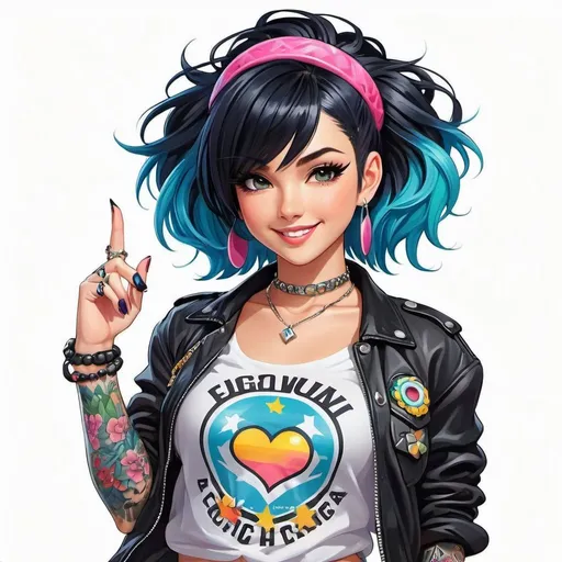 Prompt: Anime illustration cute punk woman,black hair,dark eyeliner,full body tattooes,cute pose, colorful, happy and cheerful, vibrant, detailed hair and outfit, high quality, anime, colorful, cheerful, detailed character design, professional, atmospheric lighting, white background