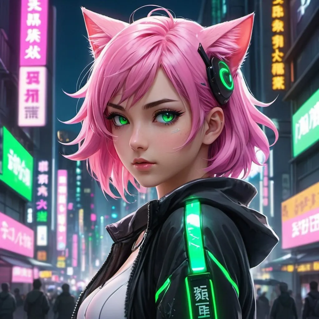 Prompt: Anime illustration of catgirl standing in street detailed,pink hair, detailed green eyes,intense and focused gaze, dark cyberpunk city night setting, streetview, neon lights, dark grey colors,best quality, highres, ultra-detailed, anime, cool tones, detailed hair, futuristic, professional, atmospheric lighting