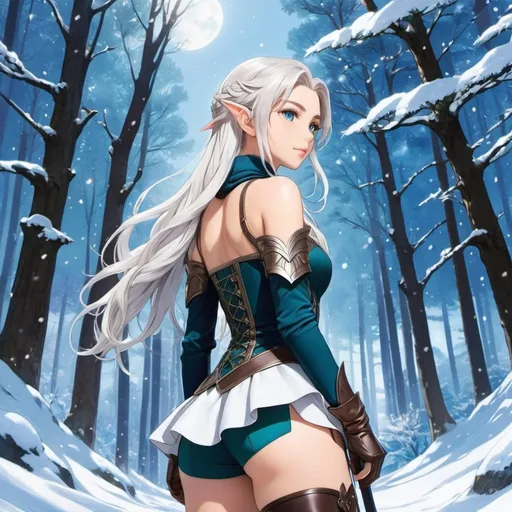 Prompt: 90's anime illustration low-angle; panoramic, zoomed out, full body looking back at camera, from behind, bent over,view anime,open wavy hair, white hair, icy blue eyes, braids, elf woman in elven armour, thigh-high boots,cute aesthetic, dark eyeliner, tinted rosy lips, moonlit enchanted winter forest,snowfall,Anime Key Visual, Japanese Manga, Pixiv, Zerochan, Anime art