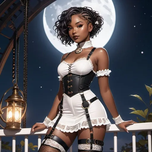 Prompt: illustration of a beautiful black,dark-skin woman,short haircut, braids,steampunk ,white floral dress, white body harness, wearing fishnet stockings, dark aesthetic,dark outdoor setting, cute aesthetic, dark eyeliner,dark makeup, moonlight, showing bum. very attractive.thick thighs, full body shot,best quality, highres, ultra-detailed, anime, cool tones, detailed hair, futuristic, professional, atmospheric lighting