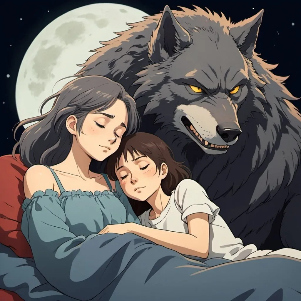 Prompt: 2d studio ghibli anime style, woman sleeping cuddled up next to werewolf