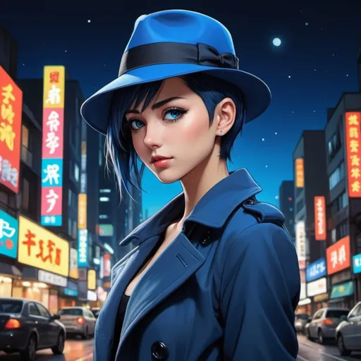 Prompt: An (((Anime illustration))) featuring a (((beautiful woman))), clad in a sophisticated ((blue fedora hat)), (((tailored trenchcoat))), pair of ((matching pants)), all framed against a backdrop of Tokyo's (((night sky))) with its vibrant neon lights and street view, giving off a (professional yet atmospheric) ambiance. The woman exudes a (shy smile) and a focused gaze, with intricate details that draw attention to her (anime-inspired, short haircut mohawk) and half mohawk, complemented by striking, detailed eyes that convey a sense of sophistication and composure