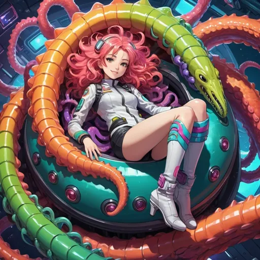 Prompt: Top down view from above Anime illustration one female wearing futuristic clothes,laying down embraced on top of a large colorful alien tentacle monster,colorful, looking happy and cheerful, vibrant, detailed hair and outfit, high quality, anime, colorful, cheerful, spaceship setting, detailed character design, professional, atmospheric lighting