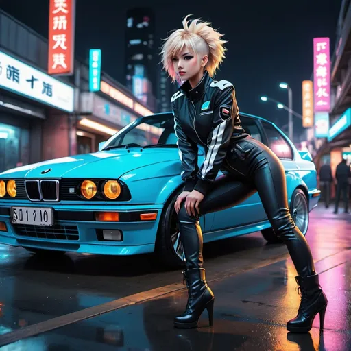 Prompt: Anime illustration of full body shot,low angle, beautiful woman leaning against a white bmw e30 wearing ,high-heels,black boots,detailed,racesuit,pale skin,dark metalhead makeup,short haircut, mohawk,half mohawk,detailed eyes,focused gaze, shy smile,tokyo night setting,neon lights,street view,dark colors,best quality, highres, ultra-detailed, anime, cool tones, detailed hair, futuristic, professional, atmospheric lighting