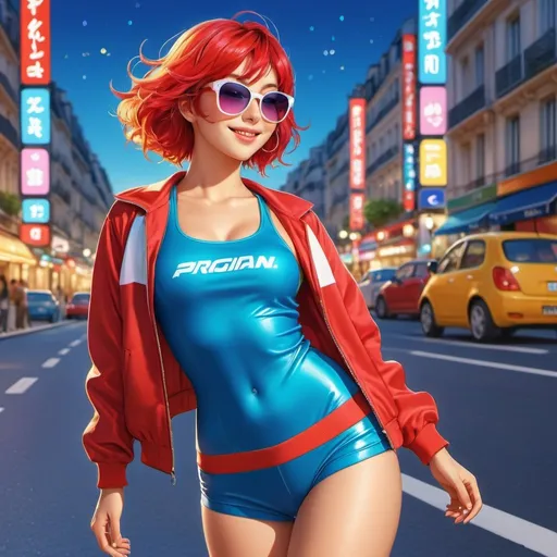 Prompt: Anime illustration of a young, attractive woman,multicolored hair,sunglasses,red racesuit,cute pose,brightly lit road, colorful city lights,parisian street,1970,summertime, happy and cheerful, vibrant, detailed hair and outfit, high quality, anime, colorful, cheerful, urban setting, detailed character design, professional, atmospheric lighting