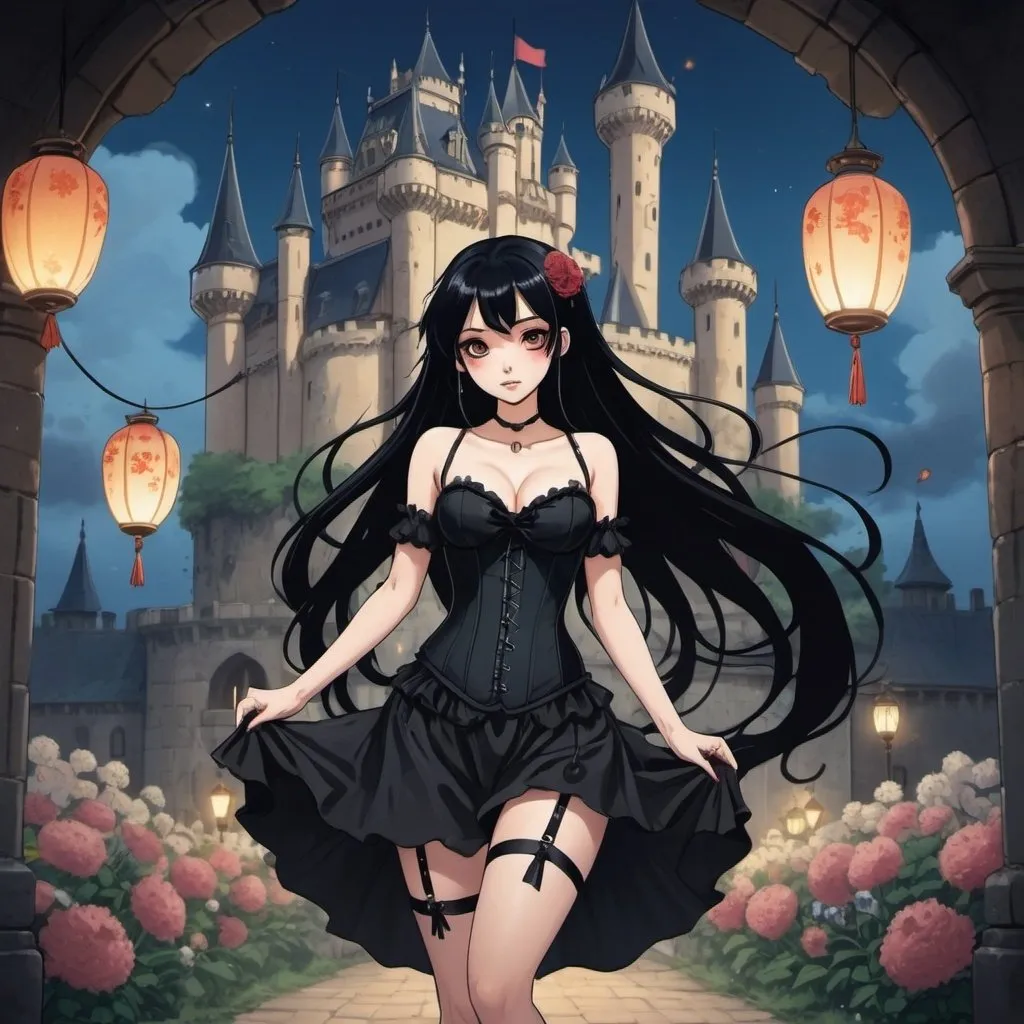 Prompt: 2d studio ghibli anime style,full body view,beautiful woman,long black hair,hair ribbon,goth makeup,tattooes, wearing black corset-dress,dancing,gothic castle,cute pose,flowers,lanterns, showing bum. anime scene