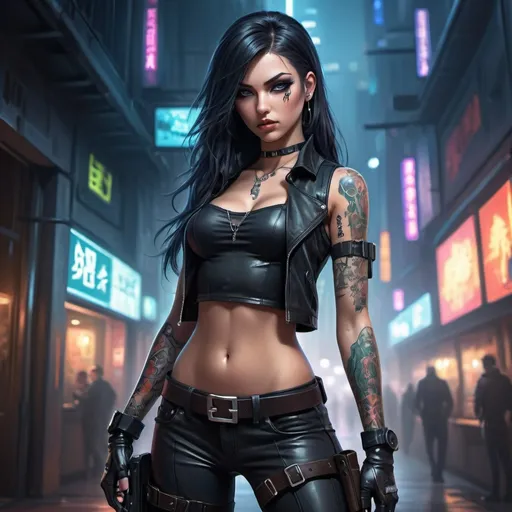 Prompt: anime illustration of beautiful young femme fatale, cute face, tattoos on arms,cyberpunk background,perfect composition, hyperrealistic, super detailed,villainess long dark shiny hair, detailed eyes, focused gaze, tight leather outfit, gun holster, leg straps, lingerine,best quality, highres, ultra-detailed, anime, cool tones, detailed hair, professional, atmospheric lighting