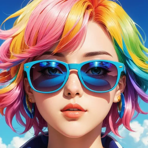 Prompt: Anime illustration extreme close up of eys,sunglasses, retro vintage anime,multi colored hair, dramatic pose,colorful, vibrant, detailed hair, high quality, anime, professional, atmospheric lighting