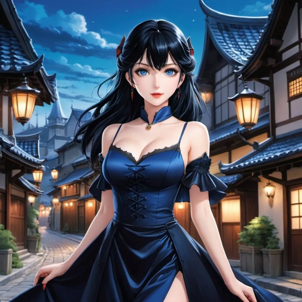 Prompt: 90's anime illustration low-angle; panoramic, zoomed out, full body view beautiful vampire girl,fangs, black hair, vampire fangs showing, pale skin, blue eyes, black elegant dress,dark creepy medieval european village,night full moln,all rendered with (ultra-detailed realism) that emphasizes the (cool tone) of the composition,Anime Key Visual, Japanese Manga, Pixiv, Zerochan, Anime art