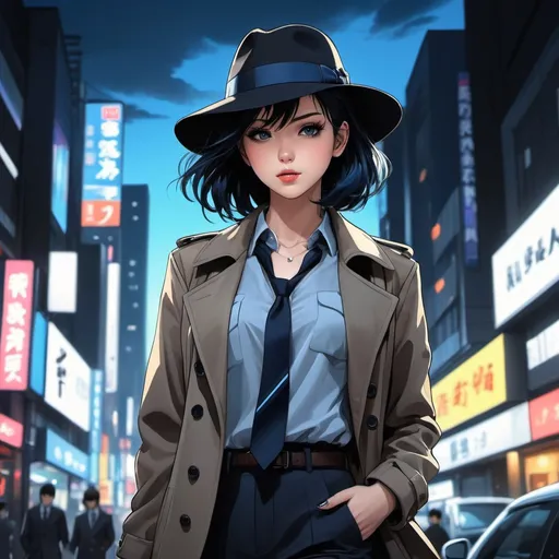 Prompt: Anime illustration of beautiful woman walking down the street wearing a blue fedora hat,hand in pockets,trenchcoat,matching pants,high-heel black boots,shirt,tie,detailed,black hair,pale skin,dark metalhead makeup,short haircut, mohawk,half mohawk,detailed eyes,focused gaze, shy smile,tokyo night setting,neon lights,street view,dark colors,best quality, highres, ultra-detailed, anime, cool tones, detailed hair, futuristic, professional, atmospheric lighting