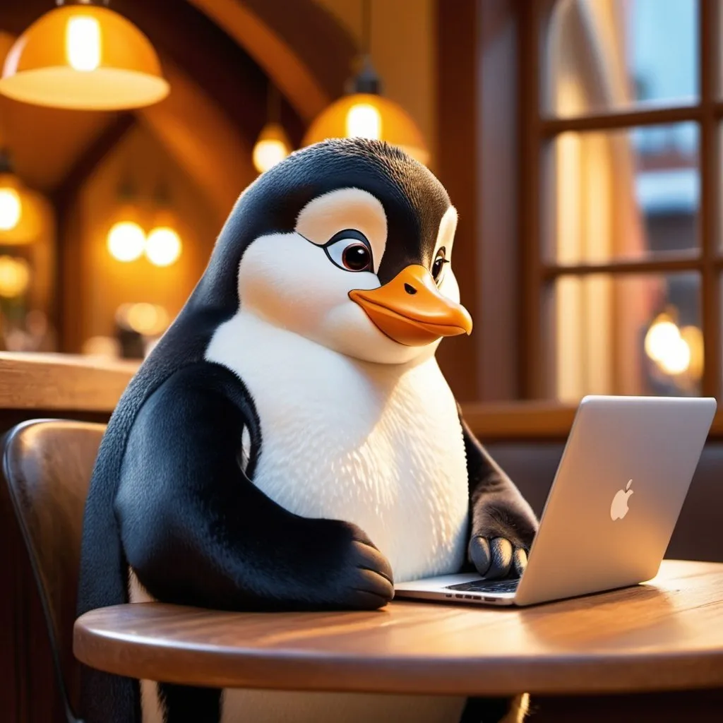 Prompt: Penguin sitting in cozy café with his laptop, Disney style, warm lighting, welcoming smile, high quality, detailed facial features, adorable, Disney style, detailed fur, warm lighting