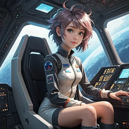 Prompt: anime illustration of very tall beautiful alien female sitting in the cockpit of her spacship,spaceship interior,cute face, detailed background,perfect composition, hyperrealistic, super detailed,short haircut,mohawk,half mohawk, detailed eyes, loving gaze,high-tech gear, casual clothes,stockings,best quality, aliens,shy smile,happy,tentacles,love,horror,slimy,highres, ultra-detailed, anime, cool tones, detailed hair, professional, atmospheric lighting