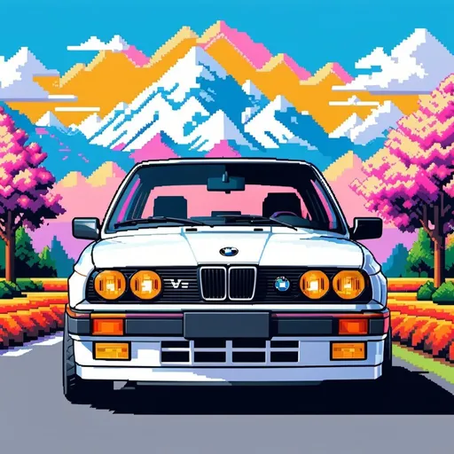 Prompt: pixelart illustration in pixelart style of a pixel white bmw e30 with a pixelwoman on top of it.vibrant and colorful,retro,16bit,nintendo graphics