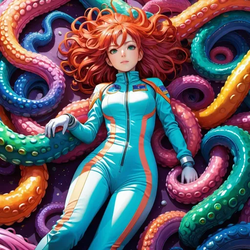 Prompt: Top down view from above Anime illustration one female astronaut wearing tight jumpsuit,laying on floor wrapped and embraced and covered by many large colorful slimy tentacles coiled around her body, colorful, looking scared and uncomfortable, vibrant, detailed hair and outfit, high quality, anime, colorful, cheerful, spaceship setting, detailed character design, professional, atmospheric lighting