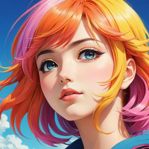 Prompt: Anime illustration extreme close up of eys,retro vintage anime,multi colored hair, dramatic pose,colorful, vibrant, detailed hair, high quality, anime, professional, atmospheric lighting