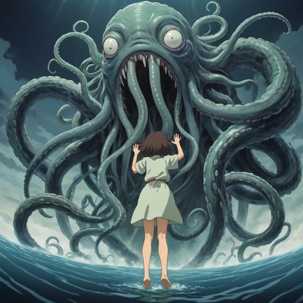 Prompt: 2d studio ghibli anime style, where a woman is being lifted by tentacle monster, reflecting a sense of power and dominance contrasted against an underlying note of unease