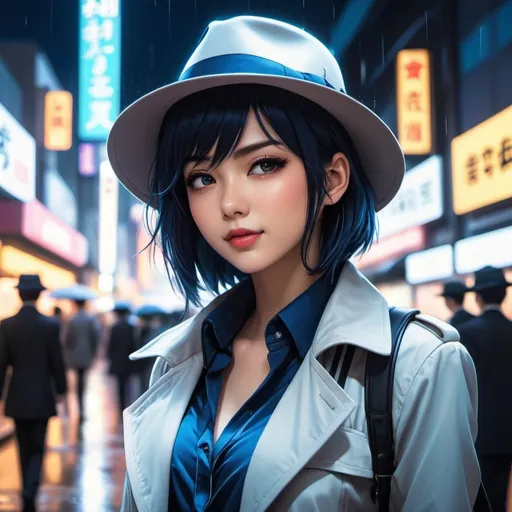 Prompt: Anime illustration of beautiful woman wearing a blue fedora tipping her hat and winks,trenchcoat,shirt,tie,detailed,black hair,pale skin,dark metalhead makeup,short haircut, mohawk,half mohawk,detailed eyes,focused gaze, shy smile,tokyo night setting,neon lights,street view,rain,dark colors,best quality, highres, ultra-detailed, anime, cool tones, detailed hair, futuristic, professional, atmospheric lighting
