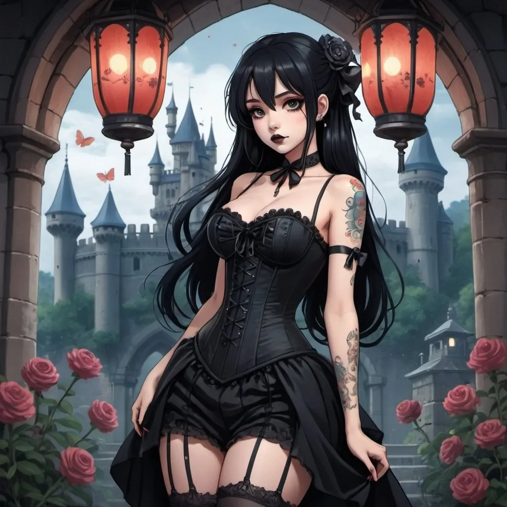 Prompt: 2d studio ghibli anime style,full body view,beautiful woman,long black hair,hair ribbon,goth makeup,tattooes, wearing black corset-dress,gothic castle,cute pose,flowers,lanterns, showing bum. anime scene