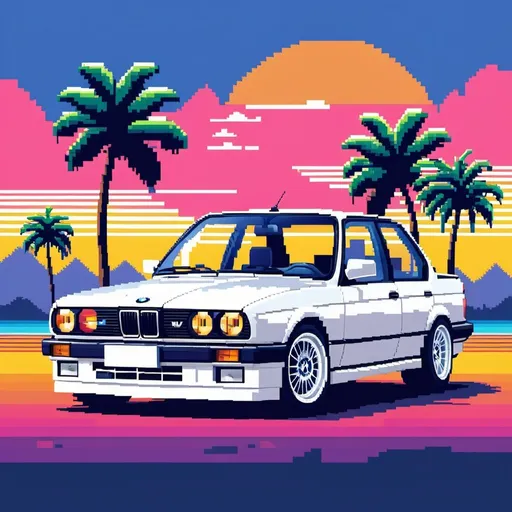 Prompt: pixelart illustration in pixelart style of a pixel white bmw e30 with a pixelwoman on top of it.vibrant and colorful,retro,16bit,nintendo graphics