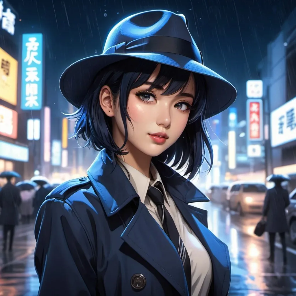 Anime illustration of beautiful woman wearing a blue...