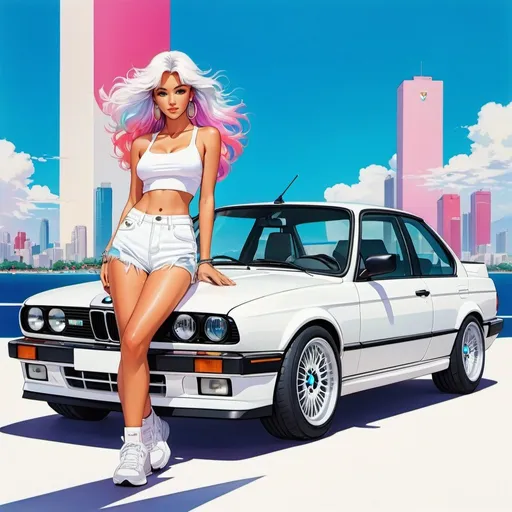 Prompt: Anime illustration of a sleek white bmw e30 with a gorgeous woman on top of it. She wears a white crop-top and and white jeans shorts, long flowing multicolored hair.vibrant and colorful.
