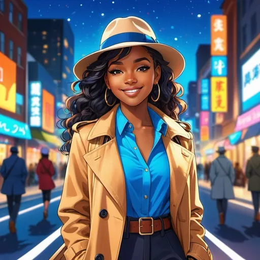 Prompt: Anime illustration of a young, attractive black woman,wearing s blue fedora,matching trenchcoat, brightly lit road, colorful city lights, happy and cheerful, vibrant, detailed hair and outfit, high quality, anime, colorful, cheerful, urban setting, detailed character design, professional, atmospheric lighting