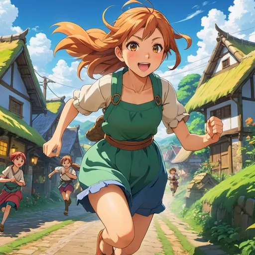 Prompt: Anime illustration a woman villager fleeing chased by goblins,running,scared,village street,colorful, vibrant, detailed hair and outfit, high quality, anime, colorful, detailed character design, professional, atmospheric lighting